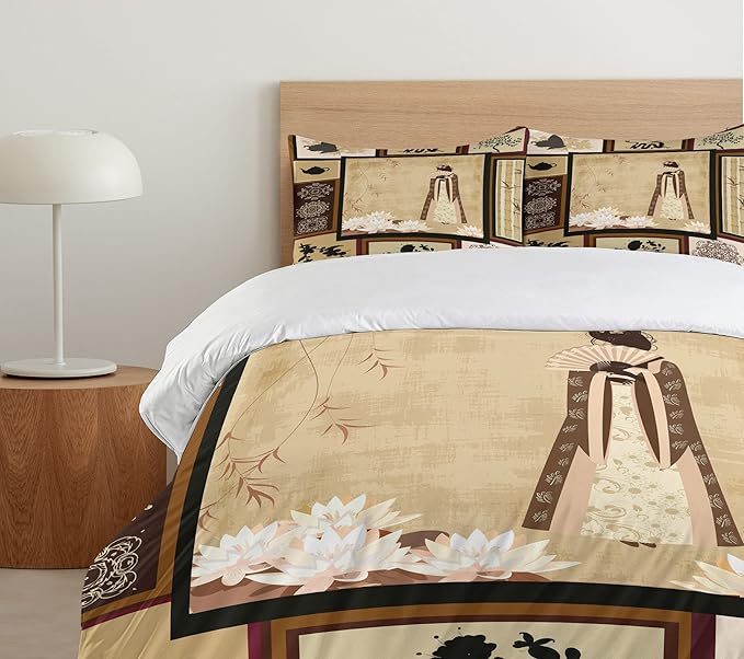 Ambesonne Japanese Duvet Cover Set, Girl in Traditional Dress and Cultural Patterns Ornaments Antique Eastern Collage, Decorative 3 Piece Bedding Set with 2 Pillow Shams, Queen Size, Brown Cream