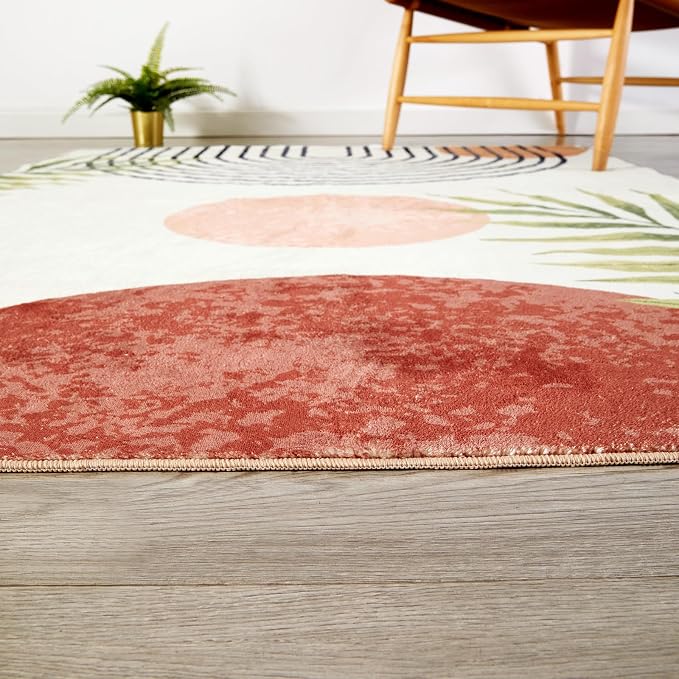RoomTalks Mid Century Modern Washable Rug, Boho Cute Aesthetic 5x7 Area Rugs for Bedroom Dining Living Room Kitchen, Abstract Tropical Leaves Non Slip Thin Indoor Entryway Rug Accent Floor Carpet