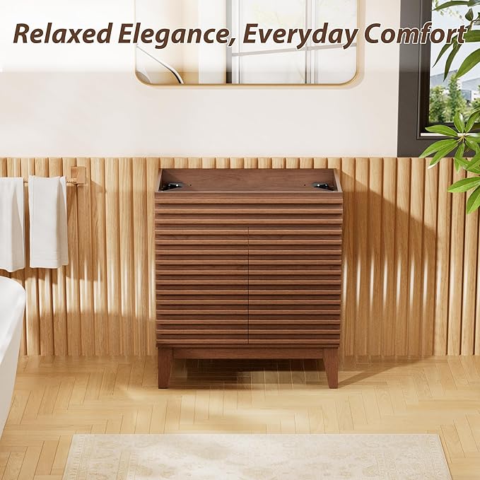 APRILSOUL 30" Bathroom Vanity, Mid-Century Bathroom Vanity Cabinet with 2 Soft Closing Doors, Freestanding Bathroom Cabinet, Particleboard Frame with Wood Grain Laminate, Walnut (Sink Not Included)
