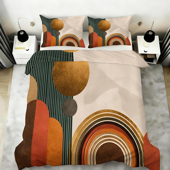 Mid Century Modern Duvet Cover Full Size, Boho Abstract Geometric Line Bedding Set 3 Piece, Sun Boho Geometric Patterned Comforter Cover with Zipper Soft Microfiber, 2 Pillowcases