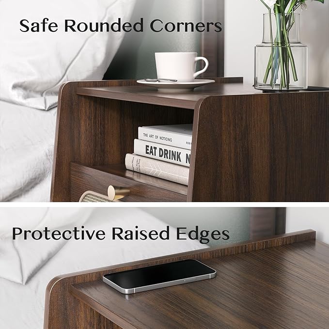 Nightstands Set of 2, Rattan Night Stand set 2 with Charging Station, Mid Century Modern Bedside Table with Drawer, Boho End Table with Solid Wood Legs, Bed Side Table for Bedroom, Small Space, Walnut
