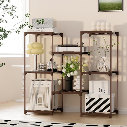 Plant Stand Indoor Outdoor Plant Shelf Stand, 3 Tiers 8 Pots Large Potted Metal Flower Plant Rack for Multiple Plants, Hanging Tall Planter Holder for Patio Balcony Living Room Corner Porch Garden Boho Decor Brown