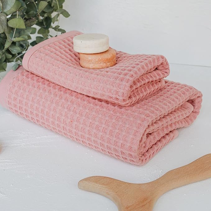 sea me at home Waffle Hand Towel – 100% Turkish Cotton, Quick-Dry, Soft and Absorbent Bathroom Towel (Powder Pink)
