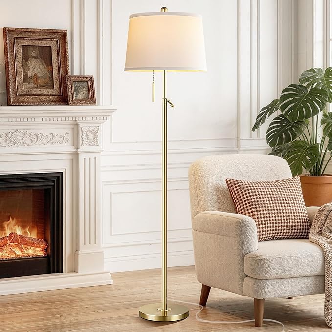 Gold Floor Lamp for Living Room, Modern Standing Lamp 55-67" Height Adjustable Brass Tall Floor Lamp with Pull Chain Switch and 3 CCT LED Blub for Living Room, Bedroom, Office & Corner Reading