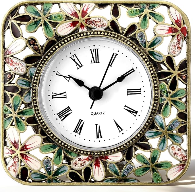 Kenning Vintage Mini Table Clock, 3.5 Inch Small Decorative Metal Non Ticking Analog Quartz Battery Operated Table Top Clock for Living Room Bedroom Bedside Desk Decor(Flower)