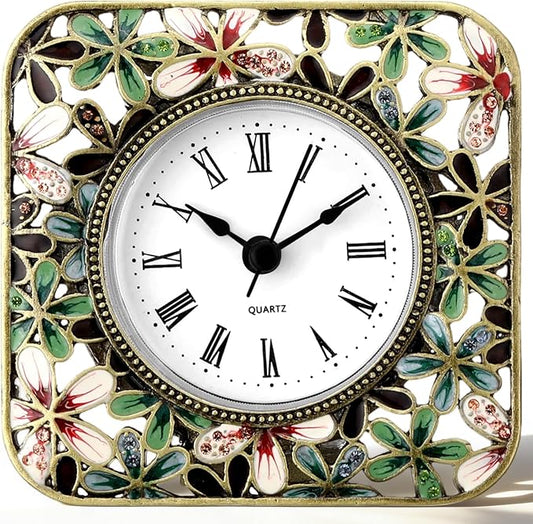 Kenning Vintage Mini Table Clock, 3.5 Inch Small Decorative Metal Non Ticking Analog Quartz Battery Operated Table Top Clock for Living Room Bedroom Bedside Desk Decor(Flower)