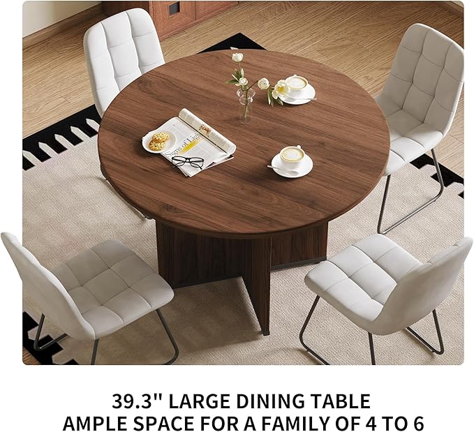 HIPIHOM Modern Round Dining Table Set for 4, 39.4" Walnut Kitchen Table with 4 PU Leather Chairs, 5-Piece Mid-Century Dining Room Set for Small Spaces, Pedestal Base