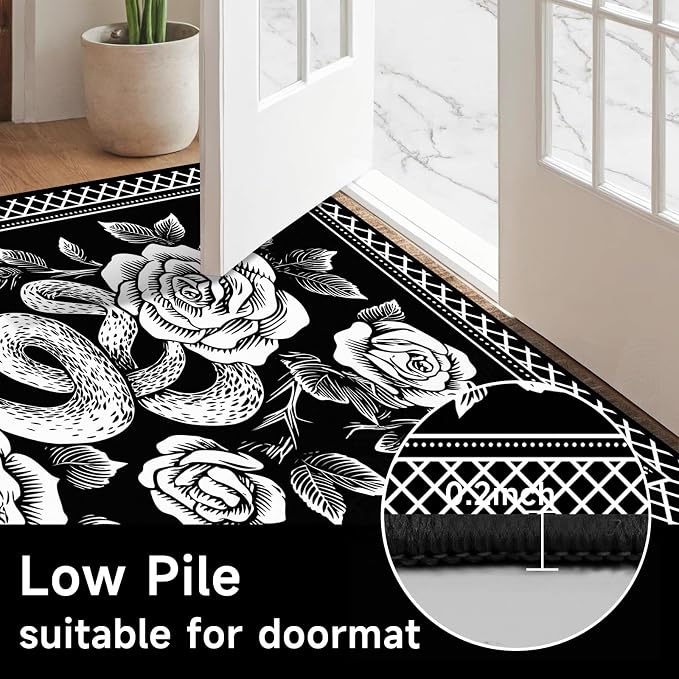 4'x6' Gothic Snake and Rose Area Rug Black and White Floral Vine Floor Mat Retro Boho Carpet Washable Low Pile Indoor Rugs for Entryway Bedroom Living Room Kitchen Home Decor
