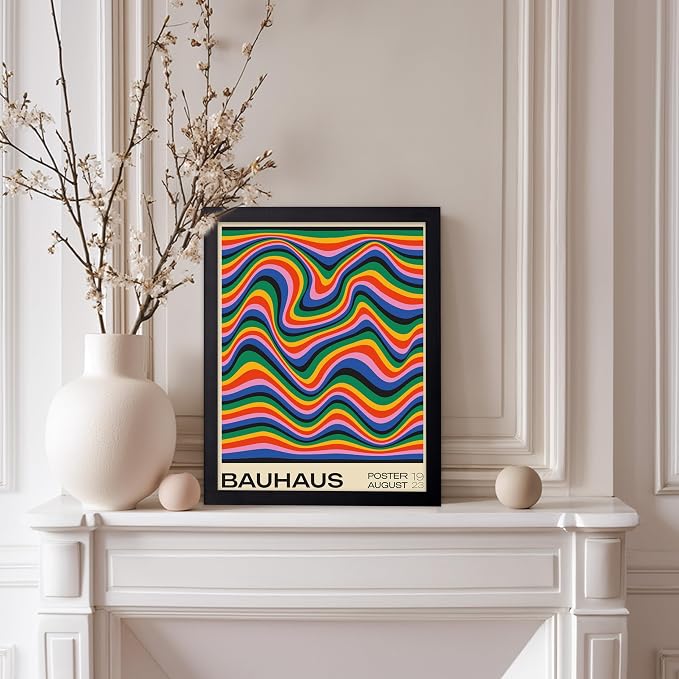 Poster Master Bauhaus Poster - Psychedelic Waves Print - Abstract ART - Rainbow ART - Groovy Style - Chic Boho - Mid Century Modern - Living Room or Bedroom Wall Decor - 8x10 Black Framed