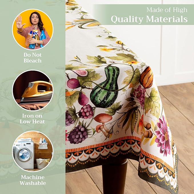 Maison d' Hermine Table Cloth Rectangle Table 100% Cotton 70 x 90 Inches Fall Tablecloth Reusable Everyday Use for Thanksgiving Christmas Decorations Dining Farmhouse (Pumpkin Garden - Cloudy Cream)