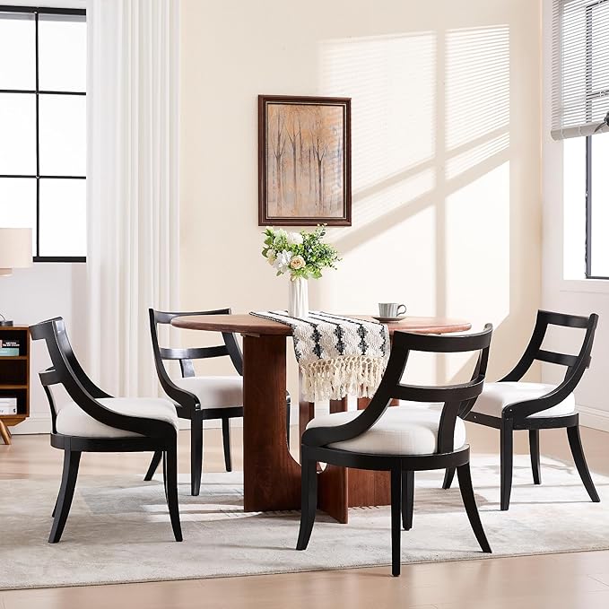 Modern Farmhouse Dining Chairs Set of 2 Mid Century Upholstered Dining Chair with Wooden Curved Back Kitchen Chairs for Dining Room Restaurant Cafe, Black-Linen Beige