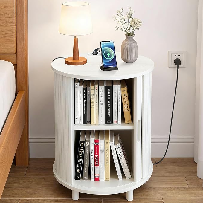 DHH End Table Set of 2 with Storage & Charging Station, Fluted Accent Side Table with Sliding Door & Adjustable Shelf, Mid-Century Nightstand for Small Spaces, Living Room, Bedroom(2, White)