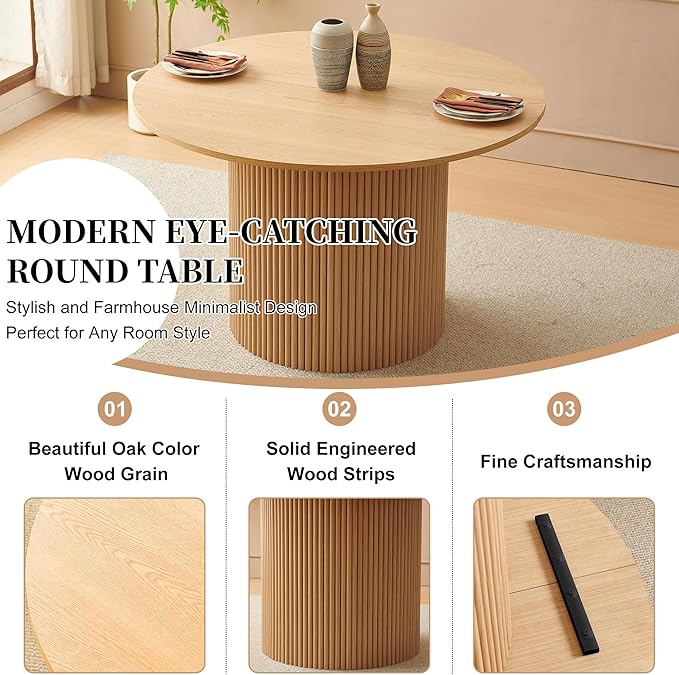 5-Piece Modern Kitchen Dining Room Table Set for 4, 47-Inch Oak Wooden Dining Table Round with 4 Seated Black Arm Chairs Upholstered Sherpa, Mid-Century Breakfast Nook Table Set
