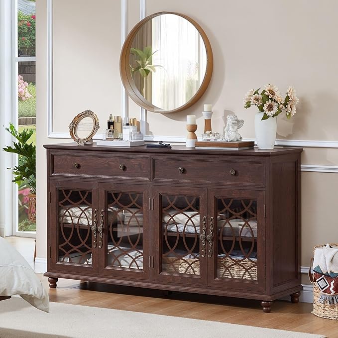 Large Sideboard Buffet Cabinet with Storage,59" Credenza with 4 Glass Doors & 2 Drawers,Adjustable Shelves Coffee Bar,Wood Kitchen Console Table for Dining Room,Living Room,Walnut