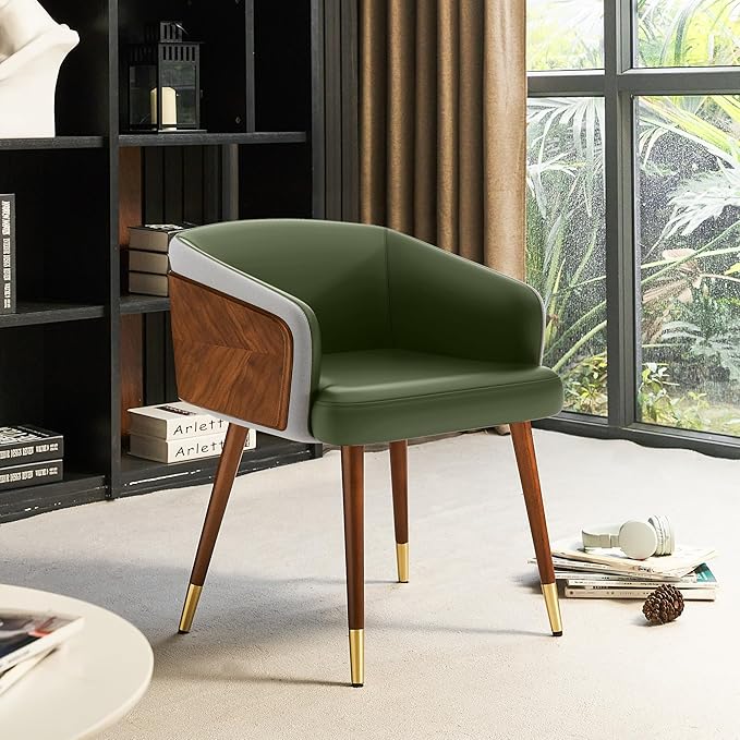 ARTPLAN Modern Upholsted Accent Dining Chairs,Mid-Century Faux Leather with Walnut for Kitchen,Office Waiting Room Arm Sitting Chair, Beech Legs Dissassembly Adjustable Feet,Avocado