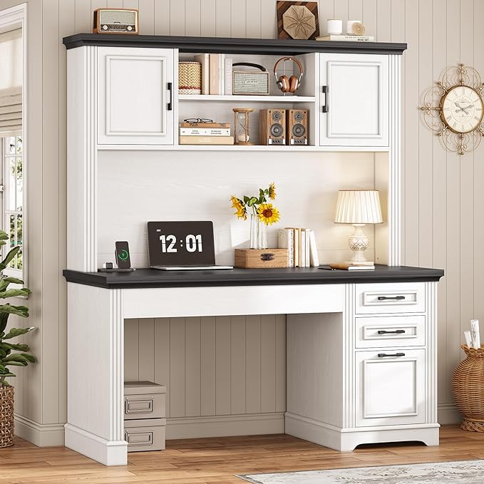 SEDETA Farmhouse Computer Desk with Hutch and 3 Drawers, 47.2" Executive Office Desk with Storage Drawers, Wood Desk with Power Outlet for Home Office, White