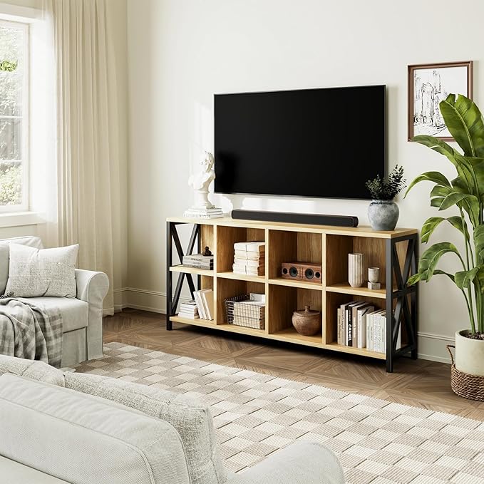 63" 8 Cube Horizontal Bookshelf Long Bookshelf Wood Cube Storage Organizer Wood Cubby Bookcase for Living Room Maple