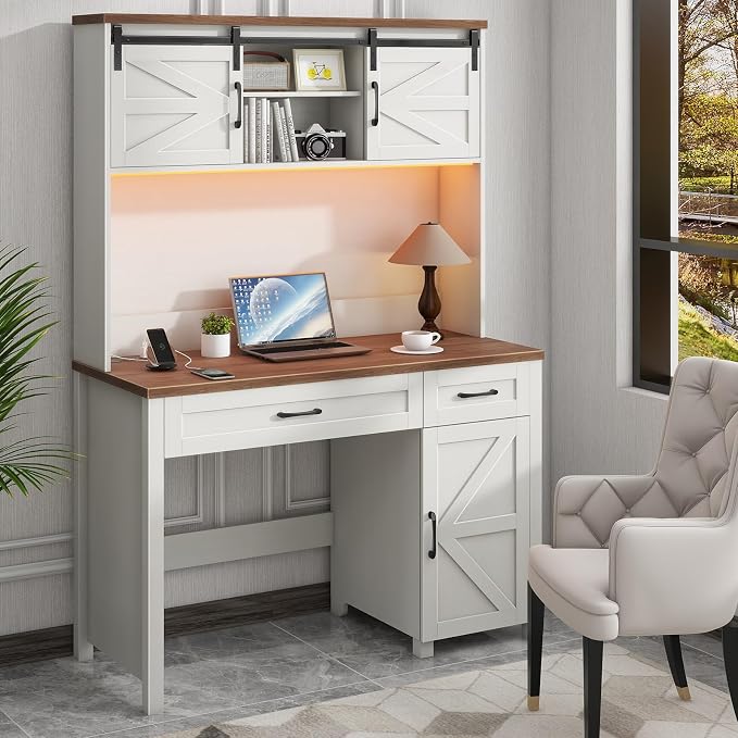 Vabches Farmhouse 47" Executive Desk, Computer Desk with 2 Drawers, Storage Cabinet and LED Light,Charging Hub, Home Office Desk with Hutch, Workstation for Home Office and Study(Unique White).