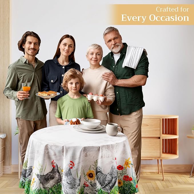 Maison d' Hermine Table Cloth Round Table 100% Cotton 63 Round Inches Tablecloth Reusable Decorative for Dining Room Farmhouse Home Valentines Day Decorations Spring Summer - Basse Cour