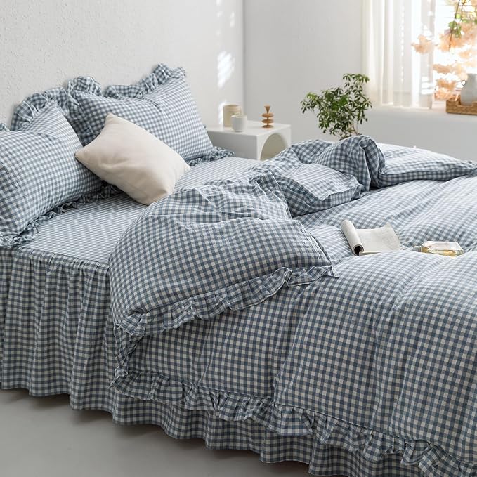 mixinni Blue White Gingham Ruffle Duvet Cover Queen Size 3 Pieces – 100% Washed Cotton, Vintage Plaid Ruffled Bedding Set with Zipper Ties, Soft Checkered Grid Farmhouse Chic Comforter Cover Set