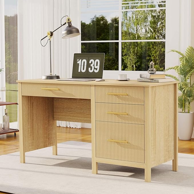 Modern Executive Desk with Drawers: 54" Oak Home Office Desks with File Drawers, Wood Fluted Computer Writing Desk for Work, Study, and Living Room (54")