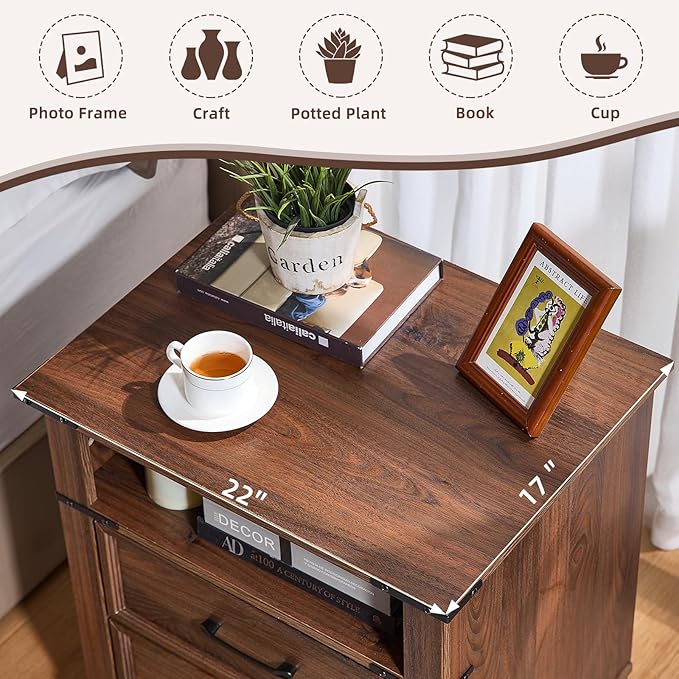 22" Nightstand, Farmhouse Nightstand with 2 Drawers,Industrial Bedside Table with Open Shelf for Bedroom Living Room,Office Bed Side Tables Couch End Table,Brown