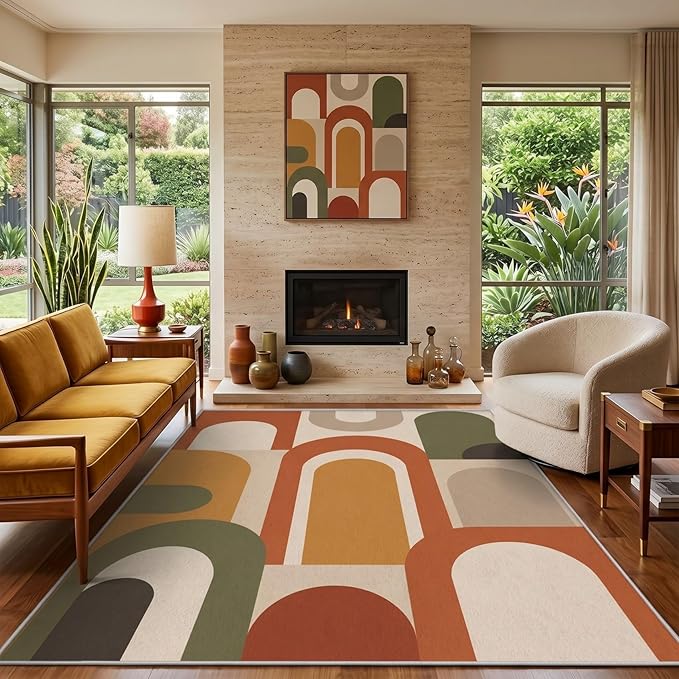 Mid Century Arch Area Rug 5x7, Terracotta Geometric Abstract Rug, Retro Modern Color Block Washable Low Pile Non Slip Rug for Living Room Bedroom
