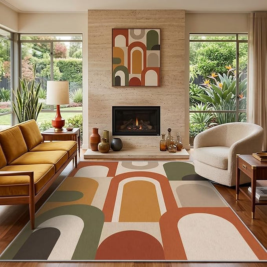 Mid Century Arch Area Rug 7x10, Terracotta Geometric Abstract Rug, Retro Modern Color Block Washable Low Pile Non Slip Rug for Living Room Bedroom