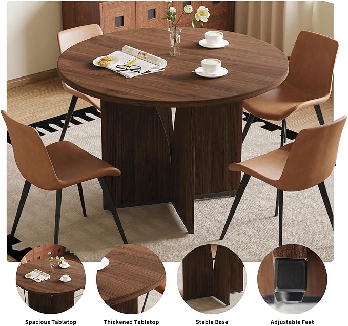 HIPIHOM Modern Round Dining Table Set for 4, 39.4" Walnut Kitchen Table with 4 PU Leather Chairs, 5-Piece Mid-Century Dining Room Set for Small Spaces, Pedestal Base