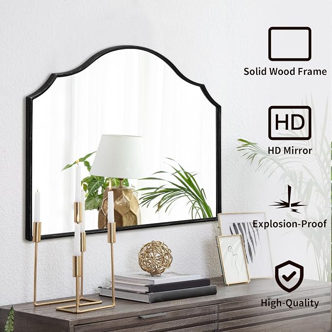 Besdomus Scalloped Arched Mirror for Vanity: 32"x24" Black Modern Minimalist Wooden Wall Mirror - Decorative Dresser Wall for Mantel/Bedroom/Entryway/Hallway - Ideal for 30-60 Age Fashion Women