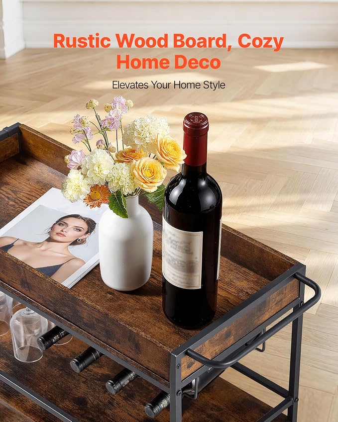 VEVOR Bar Cart, 3 Tiers Home Kitchen Serving Carts, Industrial Rolling Utility Station on Wheel, Mobile Drink Beverage Shelf with Wine Rack & Glass Holder, 34.64x14.17x32.68 in, Rustic Brown and Black