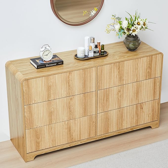 BERRYMERRY Fluted 6 Drawers Dresser for Bedroom, 53" Wide Chest of Drawer with Rounded Edge,Mid Century Modern Large Double Wood Dresser for Living Room Bedroom