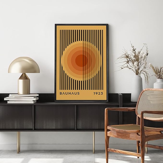 MUDECOR Framed Canvas Print Wall Art Mid-Century Bauhaus Multicolor Orange Circle Shapes Abstract Illustrations Modern Art Multicolor Relax/Calm for Living Room, Bedroom, Office - 24"x36" Black