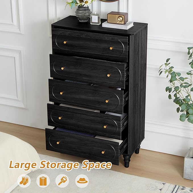 ORRD Fluted 5 Drawer Dresser for Bedroom, Mid Century Modern Chest of Drawers, Wood Storage Large Dresser Organizer for Bedroom Living Room Hallway Closet, Black