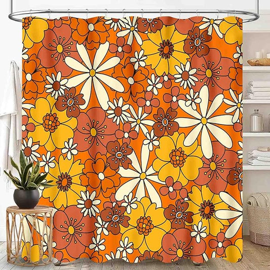 70s Shower Curtain, Vintage Retro Orange Daisy Floral Hippie Groovy Cute Flower Aesthetic Boho Funky Trippy Colorful Waterproof Fabric Bath Shower Curtain Set with Hooks, 72"x72" Inch