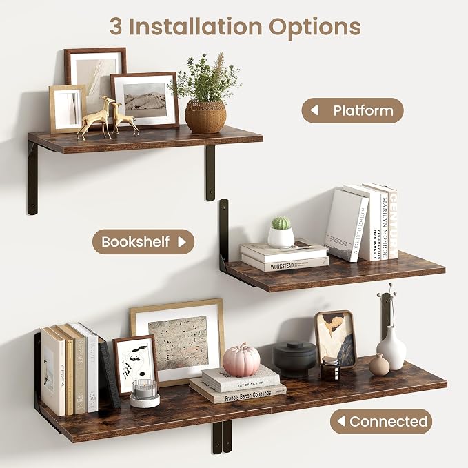 Floating Shelves for Wall, 12 Inch Deep Floating Shelves Set of 2, Wall Mounted Shelf with Metal Brackets, Rustic Wood Shelf for Bathroom, Kitchen and Living Room, Rustic Brown, 24W x 12D