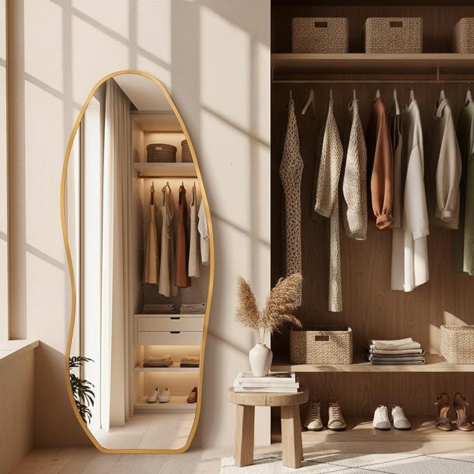 Mirror Full Length - Irregular Full Body Mirror Standing or Leaning or Wall Hanging 63"x 24" Asymmetrical Aviation Aluminum Alloy Frame Unique for Bedroom, Living Room, Cloakroom, Entryway