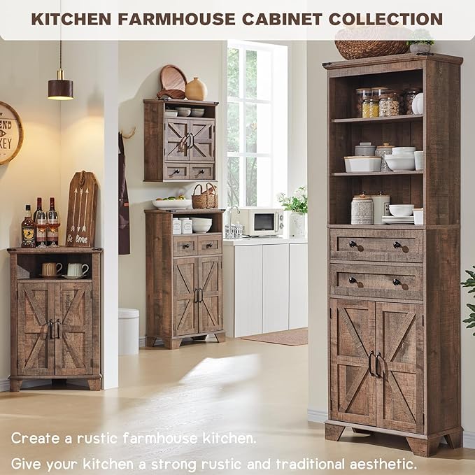 ACCOHOHO Corner Bathroom Cabinet, Farmhouse Small Corner Cabinet with Barn Door & Adjustable Shelf, Storage Cabinets for Bathroom, Kitchen, Living Room, Rustic Brown