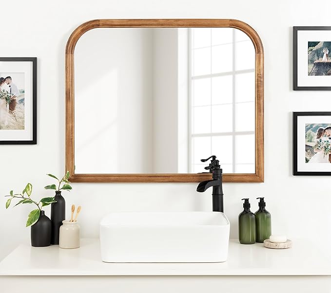 Kate and Laurel Glenby Transitional Wide Arch Wall Mirror, 34 x 28, Rustic Brown, Wooden Farmhouse Arched Bathroom Mirror with Rounded and Stepped Frame Profile