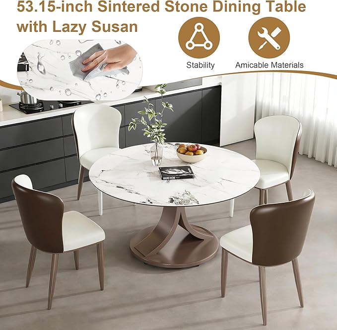 Montary 53” Modern Round Dining Table for 4-8 Seat, Artificial Marble Dining Room Table with Morán Purple Double C Stainless Steel Base, Sintered Stone Top Dining Table (Only Table)