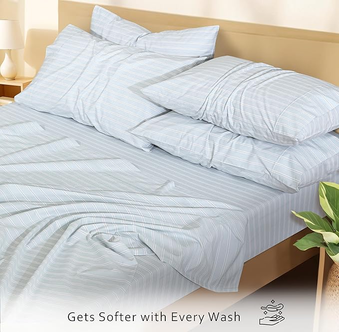 RUVANTI 100% Cotton Percale Sheets Twin Size 4 Piece Set, Cooling Bed Sheets for Hot Sleepers, Deep Pocket 16”, Breathable Lightweight & Durable, Crisp Hotel Style Sheets, Horizon Stripes