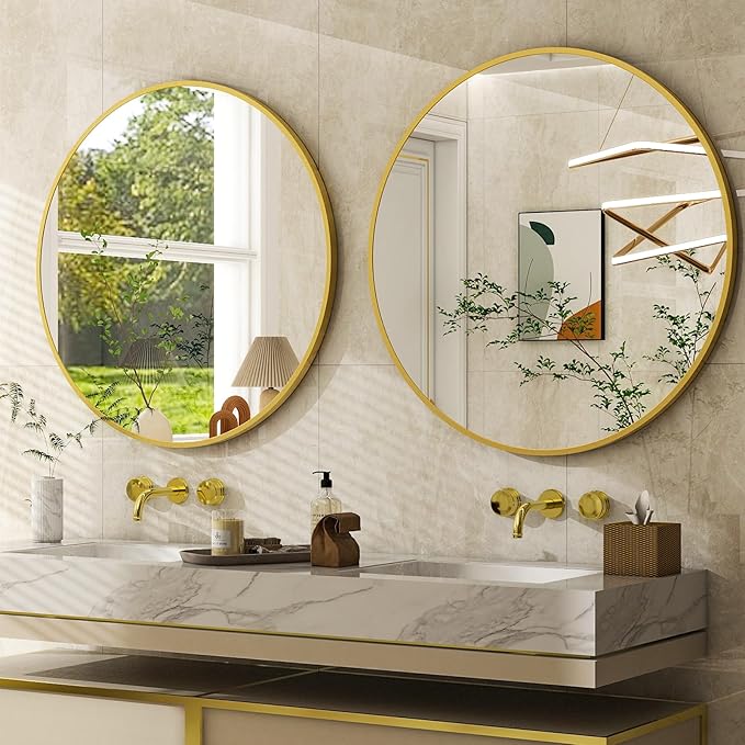36 Inch Round Bathroom Mirror - Gold Wall Mounted Circle Mirror with Metal Frame, Modern Round Hanging Mirror Suitable for Bathroom, Vanity, Entryway, Living Room