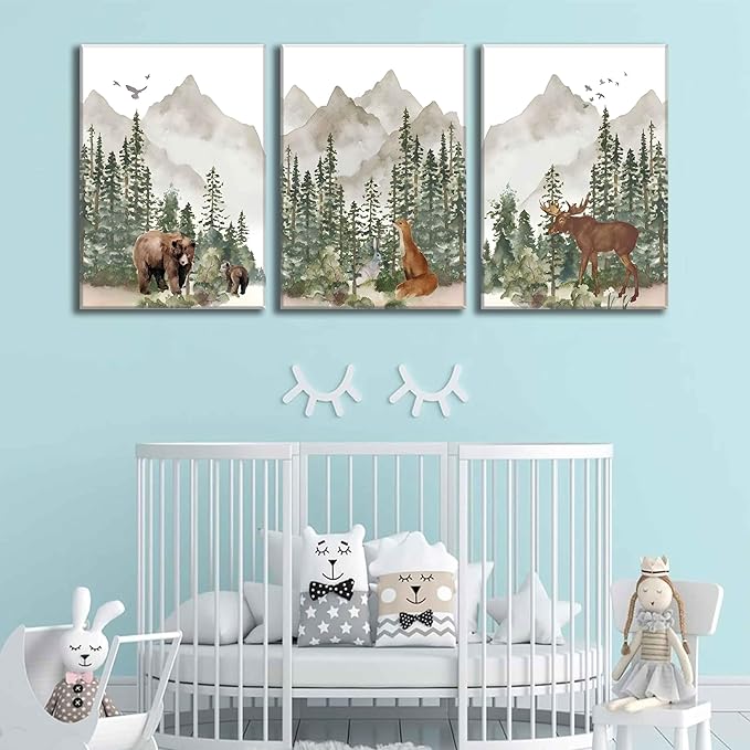 3Pcs Woodland Nursery Wall Art Wild Animals Posters Pictures Foggy Forest Canvas Prints Adventure Theme Kids Wall Decor Watercolor Paintings for Children Boys Room Girls Room Framed