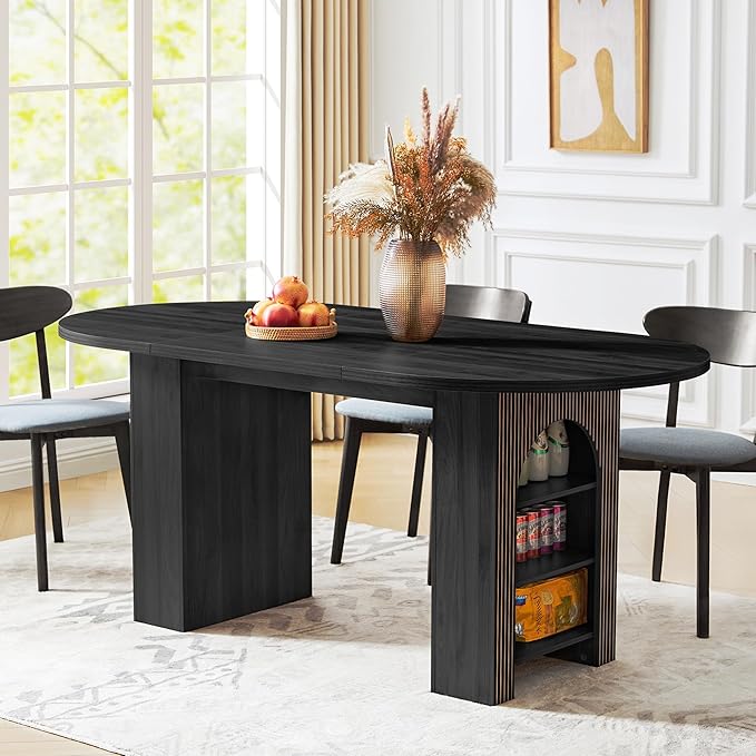70.8" Oval Dining Table with Dual Side Storage Shelves, Wooden Table for 4–6 People, Modern Farmhouse Round Dinner Table for Kitchen, Reception, or Living Room (Black, Table Only)