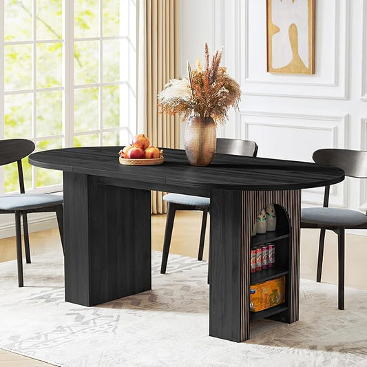 70.8" Oval Dining Table with Dual Side Storage Shelves, Wooden Table for 4–6 People, Modern Farmhouse Round Dinner Table for Kitchen, Reception, or Living Room (Black, Table Only)
