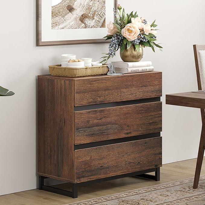 WAMPAT Dresser for Bedroom, Closet Organizers and Storage with 3 Drawers, Chest of Drawers with Metal Base, Modern Wood Dresser for Living Room, Hallway, Entryway, Brown