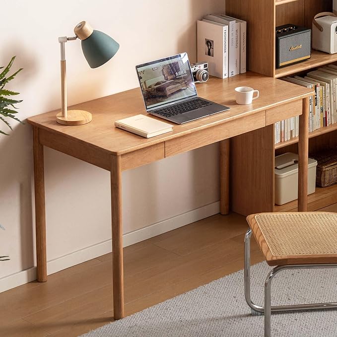 Solid Wood Computer Desk, Mid-Century Modern Home Office Desk with Storage Drawers, Writing Table for Study & Living Room 41.33" W Natural Wood