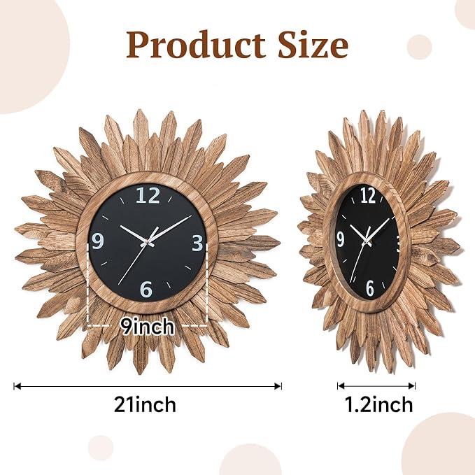 Honiway Large Wall Clock Battery Operated 21 in Rustic Wood Boho Sunburst Decorative Wall Clock Silent Non Ticking Farmhouse Wall Clocks for Living Room Bedroom Kitchen Bathroom Decor (Rustic Brown)