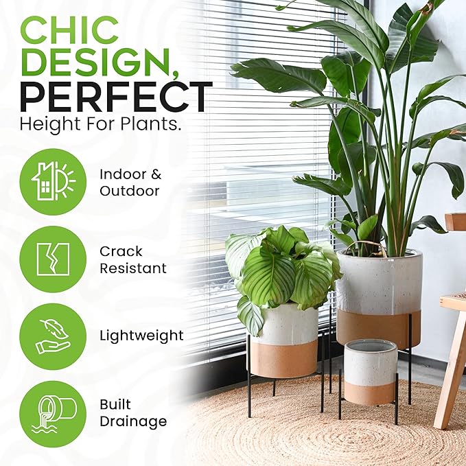 23 Bees Mid-Century Modern Ceramic Planter with Plant Stand Indoor Decorative Plant Pot with Stand in Earthy Beige and White Glaze, Black Metal Stand (Large 16 inch plant pot, Three sizes) (Medium)