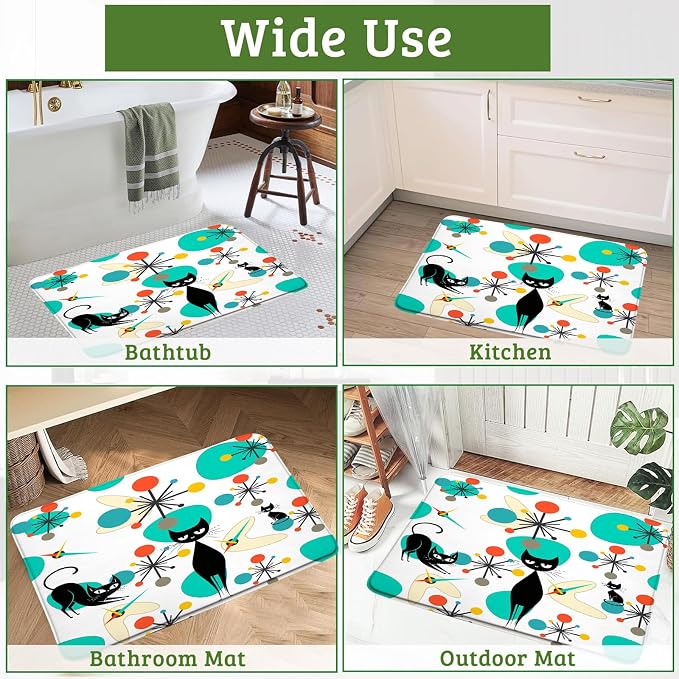 Mid Century Black Cat Bath Mat, Teal Orange Modern Atomic Geometric Bathroom Rug Shower Floor, Retro 50s 60s Vintage Bath Rug, Absorbent Doormat Bedroom Rug Kitchen Toilet, 17.7x29.5 Inches